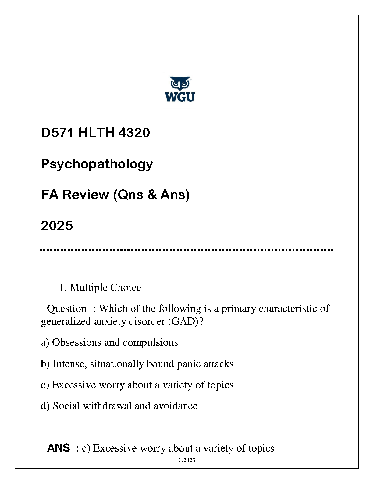 WGU HLTH 4320 Psychopathology Q&A Review 2025