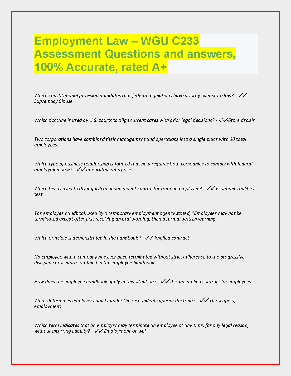 WGU C233 Employment Law Exam Questions & Answers Guide