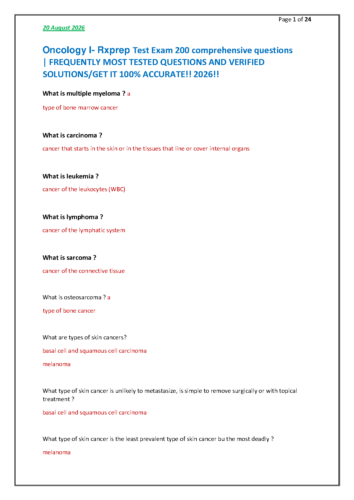Oncology Rxprep Test Bank 2026: 200 Qs & Solutions