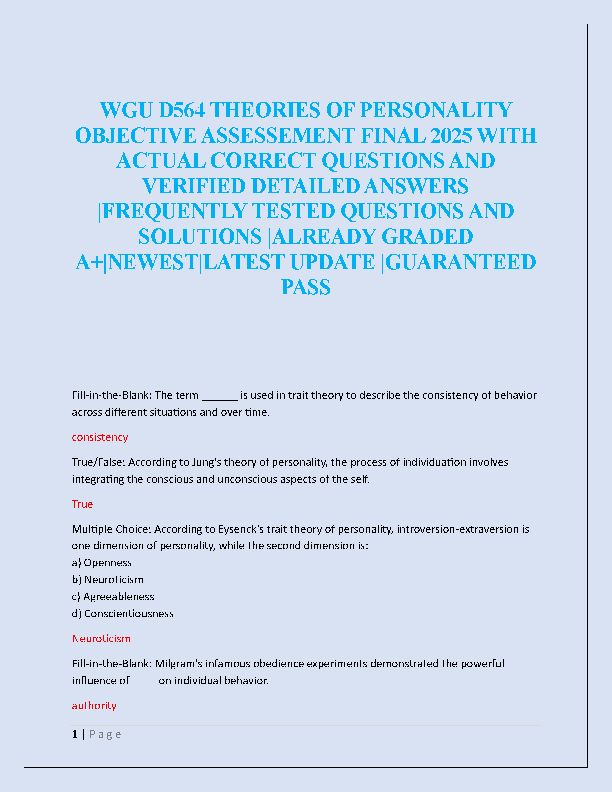 WGU D564 Personality Theory Test Bank and A+ Answers 2025 IMG-1