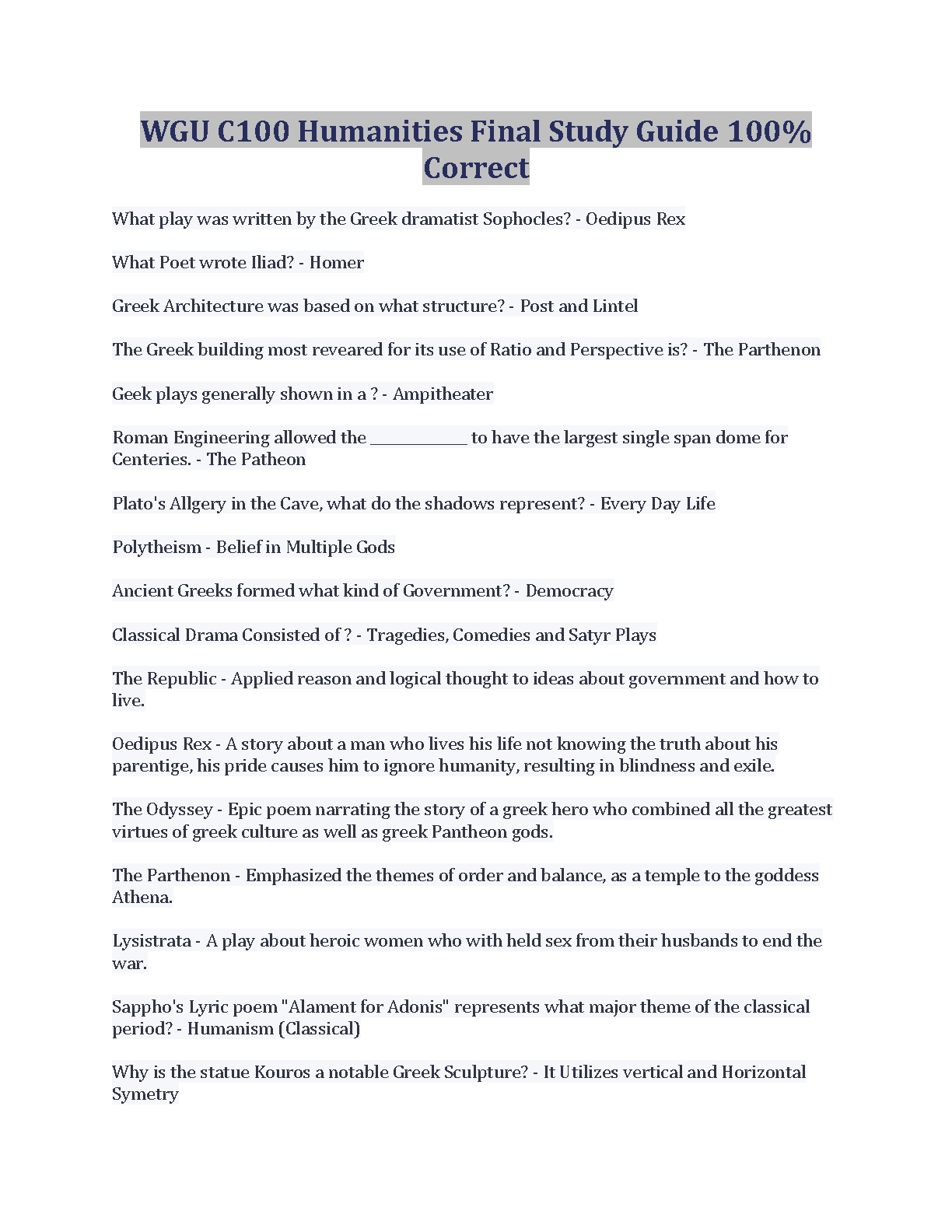 WGU C100 Humanities Final Study Guide 2024-2025