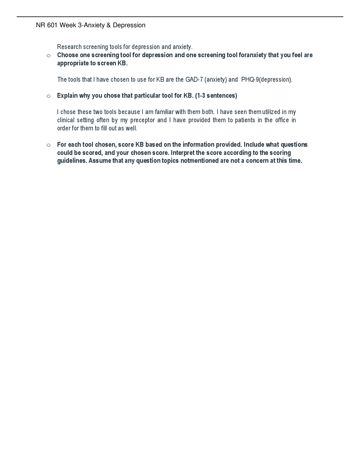 NR 601 Week 3 Anxiety Depression Screening Tools 2023 Solution