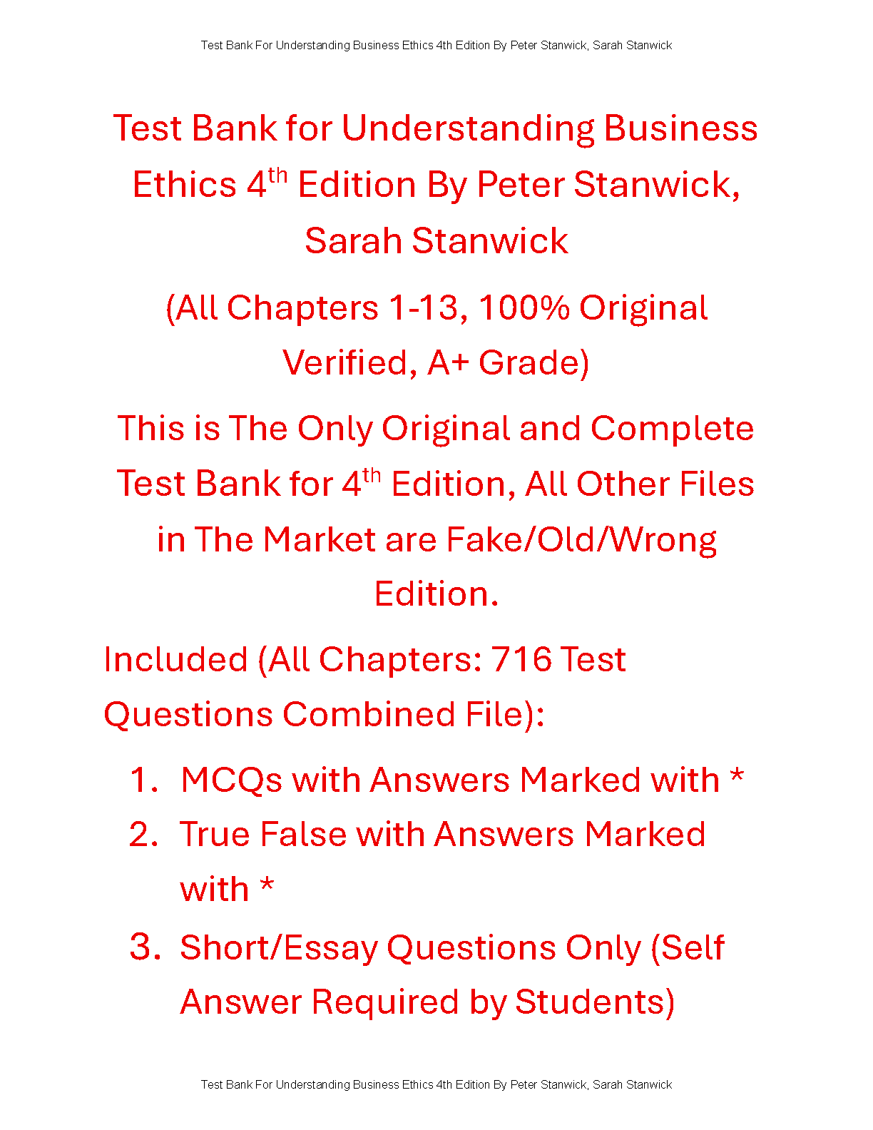 Business Ethics Test Bank 4th Ed Stanwick Full Solution Guide IMG-1