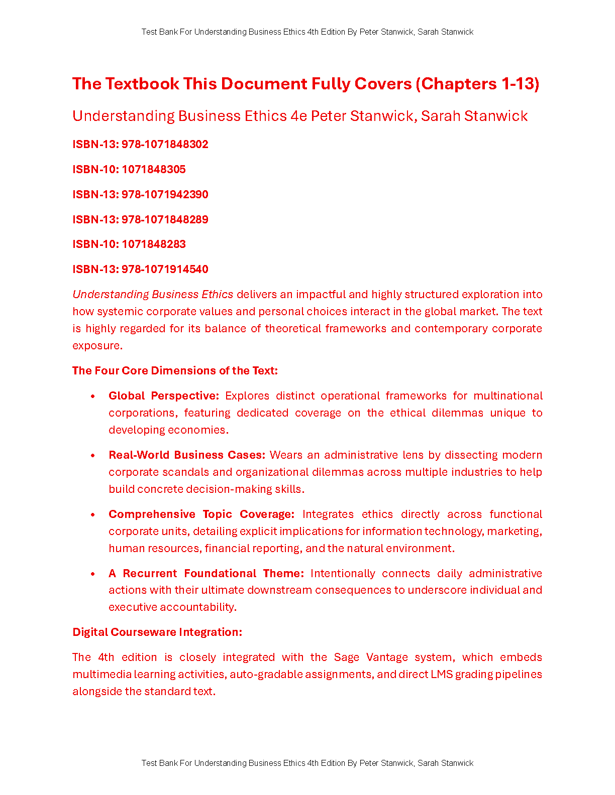 Business Ethics Test Bank 4th Ed Stanwick Full Solution Guide