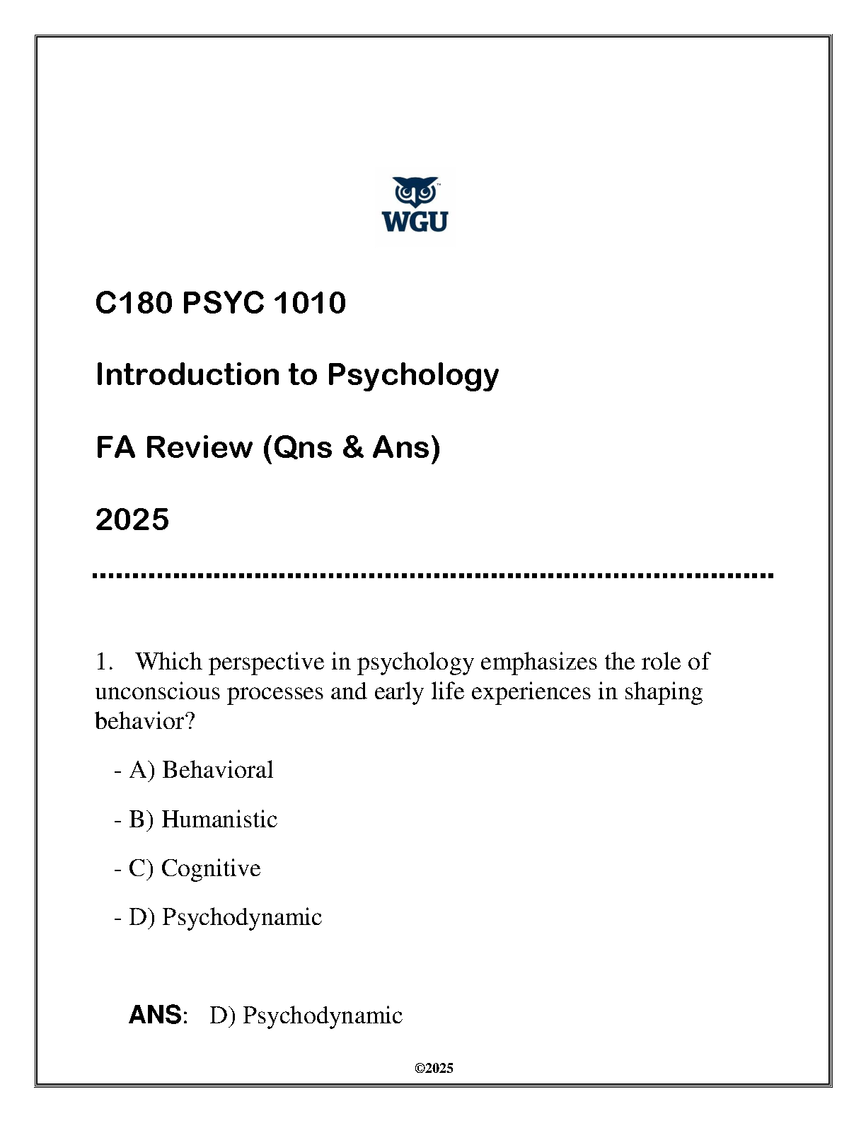 WGU PSYC 1010 Psych Exam Q&A 2025 Review