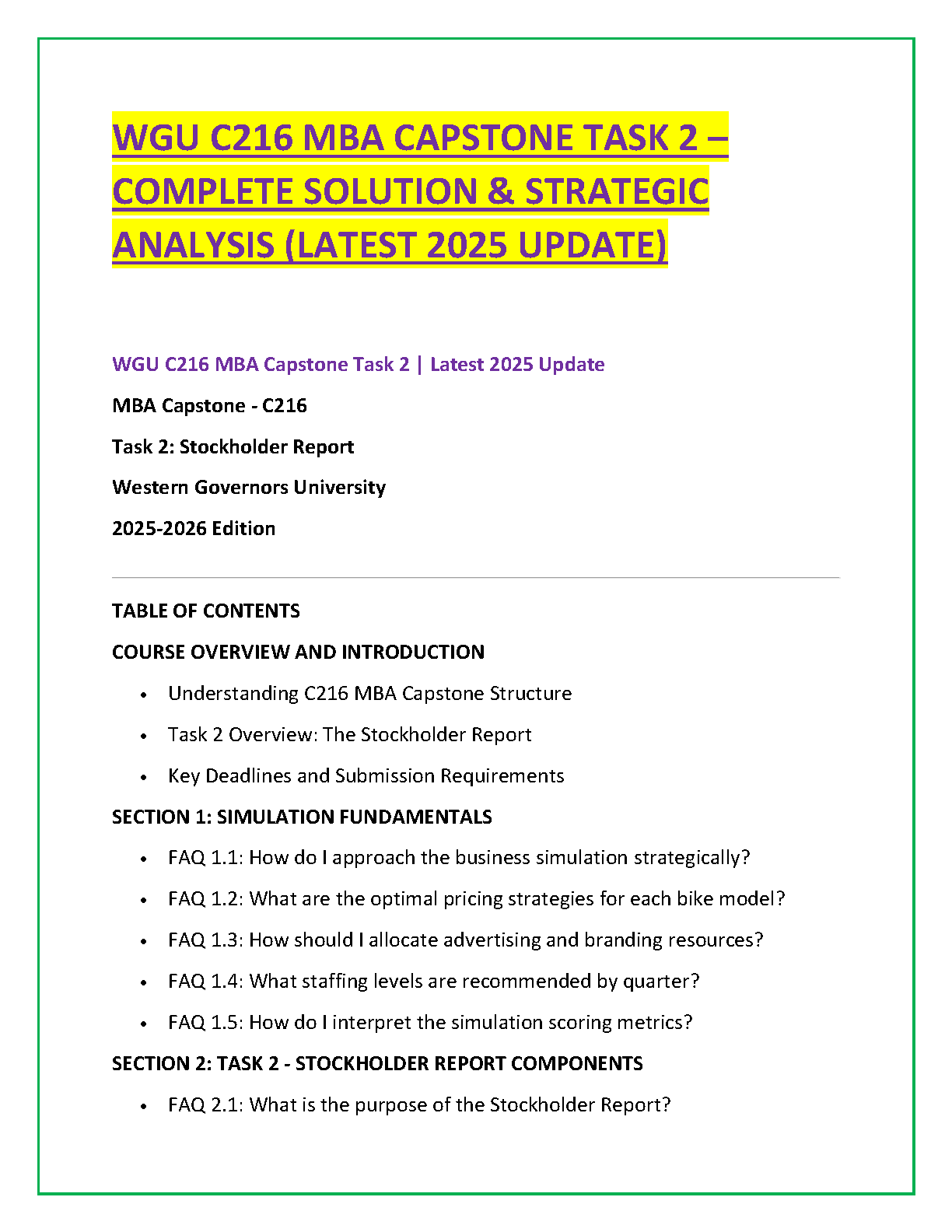 WGU C216 MBA Capstone Task 2 Stockholder Report Solution 2025 Guide