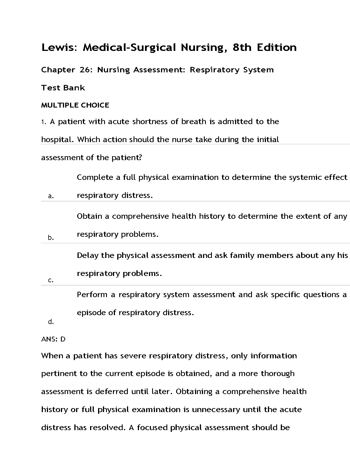 Respiratory Nursing Test Bank Lewis 8th Ed 2026/27 MCQs