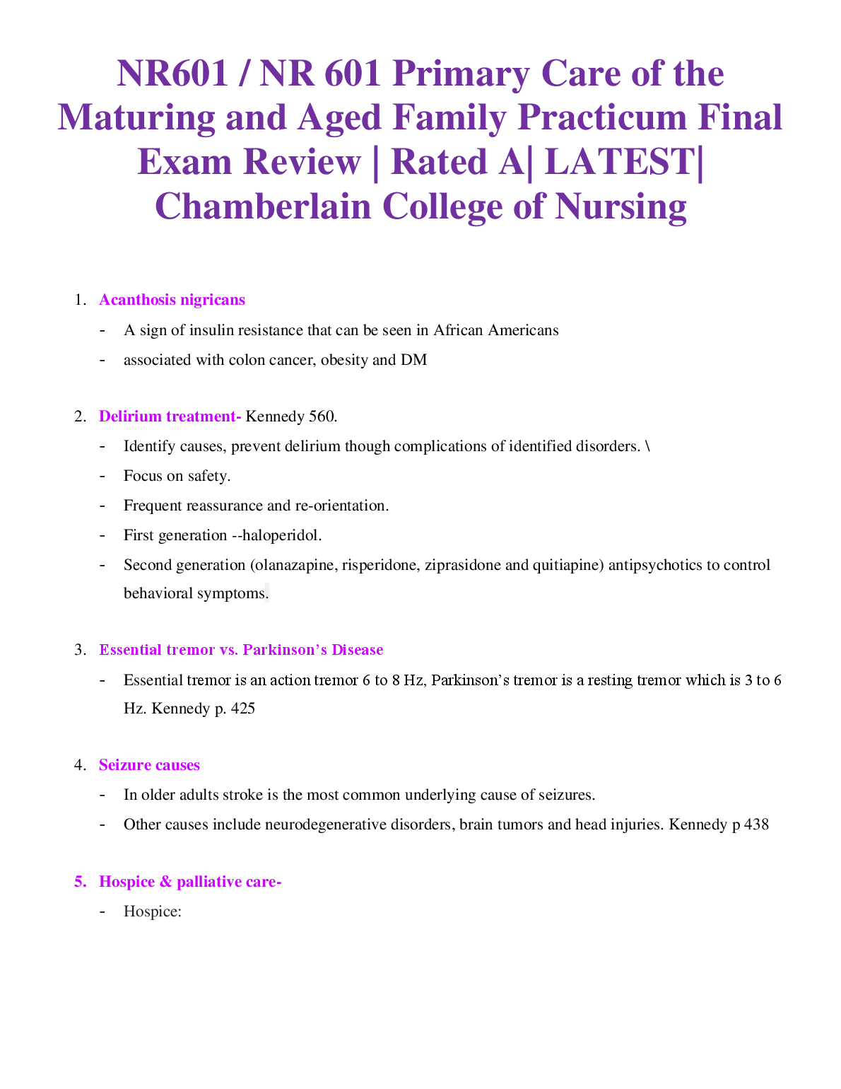 NR 601 Geriatric Care Exam Review Chamberlain 2023 Study Guide