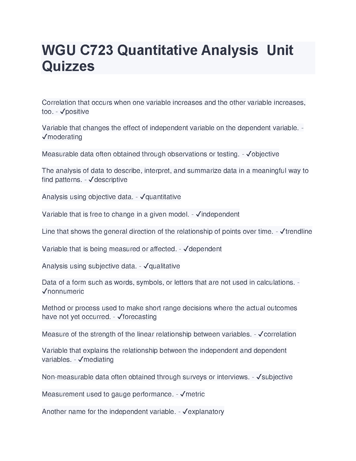 WGU C723 Quantitative Analysis Quiz Guide 2025