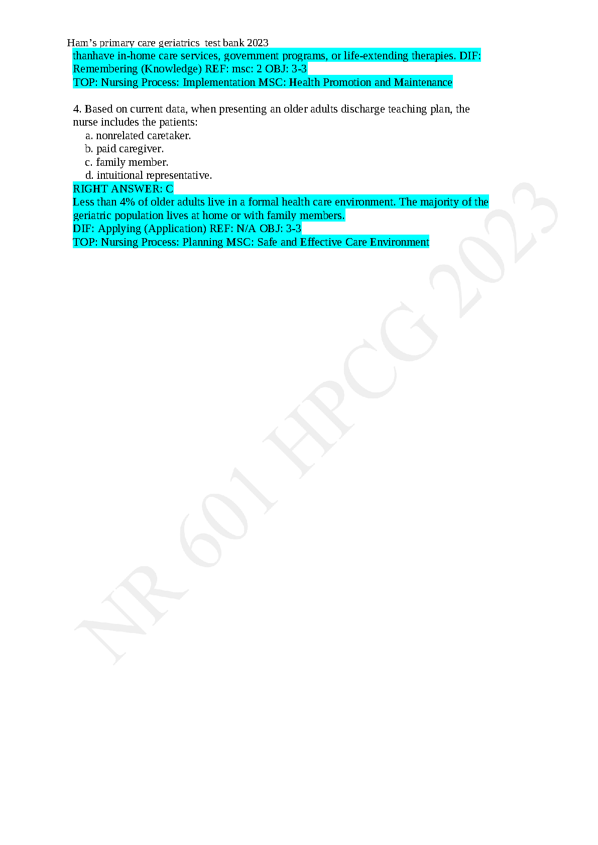 NR 601 Geriatric Nursing Test Bank Q&A Questions