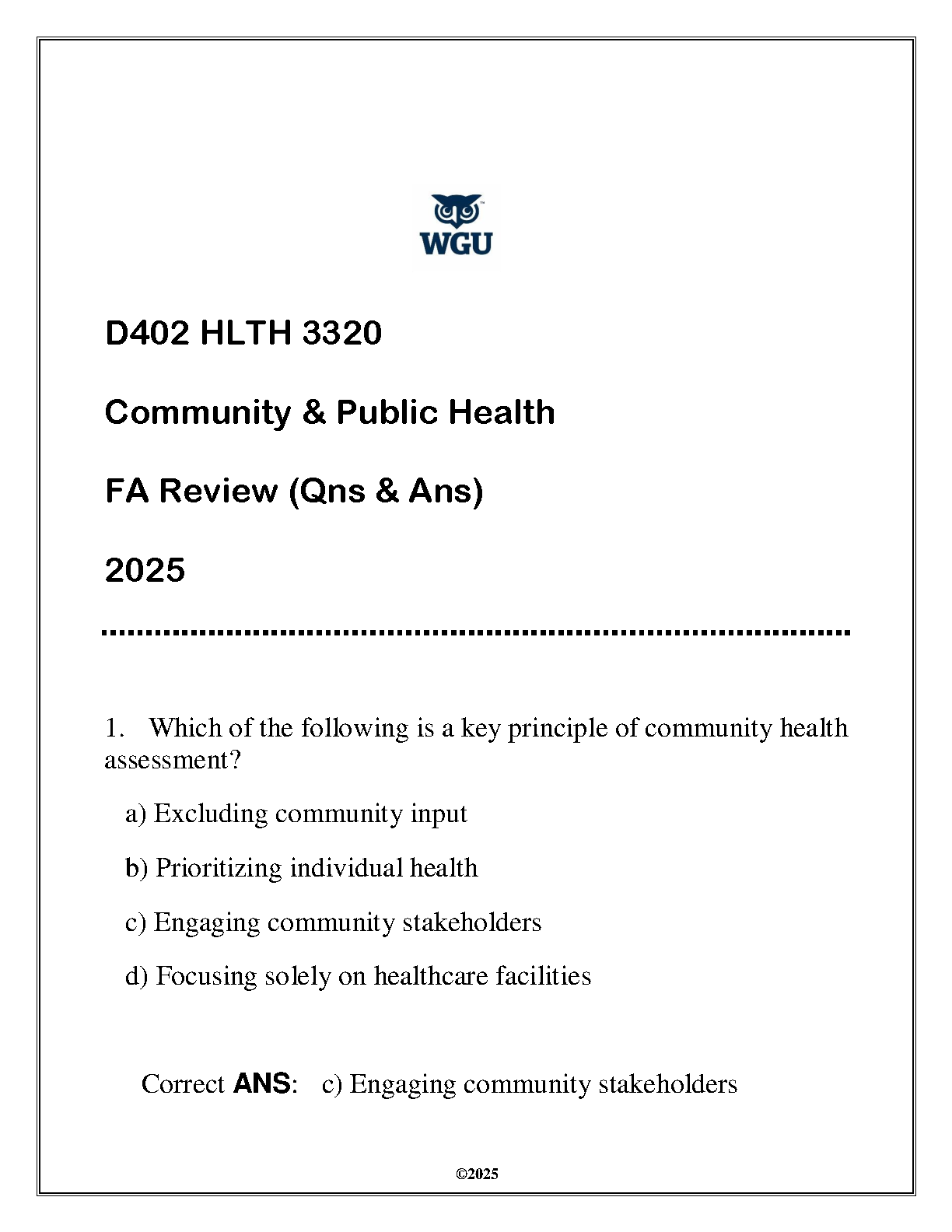 HLTH 3320 Final Assessment Q&A Review 2025 | WGU
