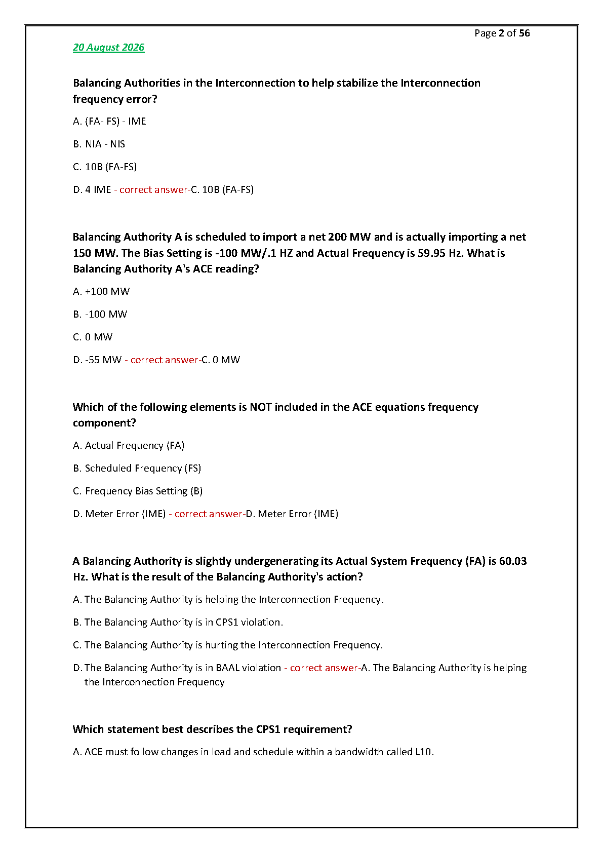 NERC RC Exam Prep 2026: ACE, CPS1 & Balancing Authority Questions