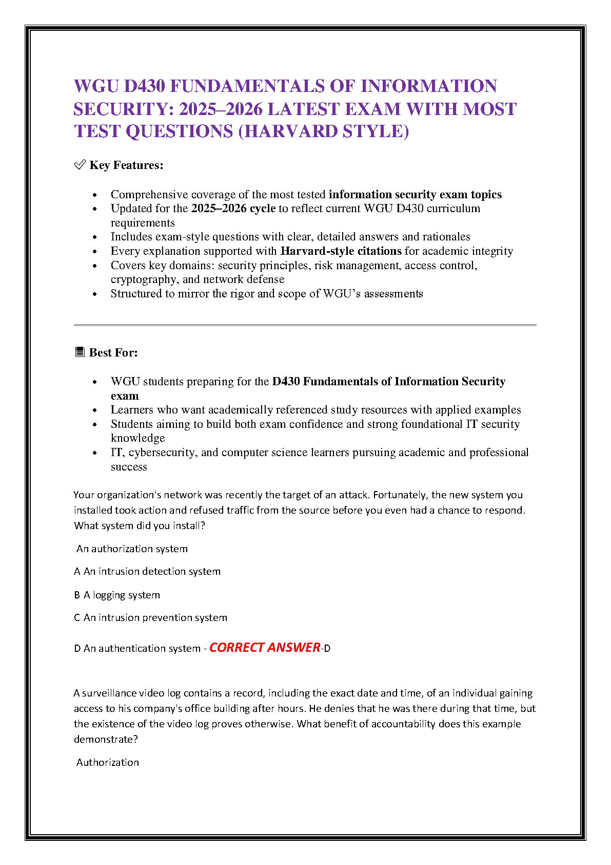 WGU D430 InfoSec Exam Questions and Answers 2025-2026