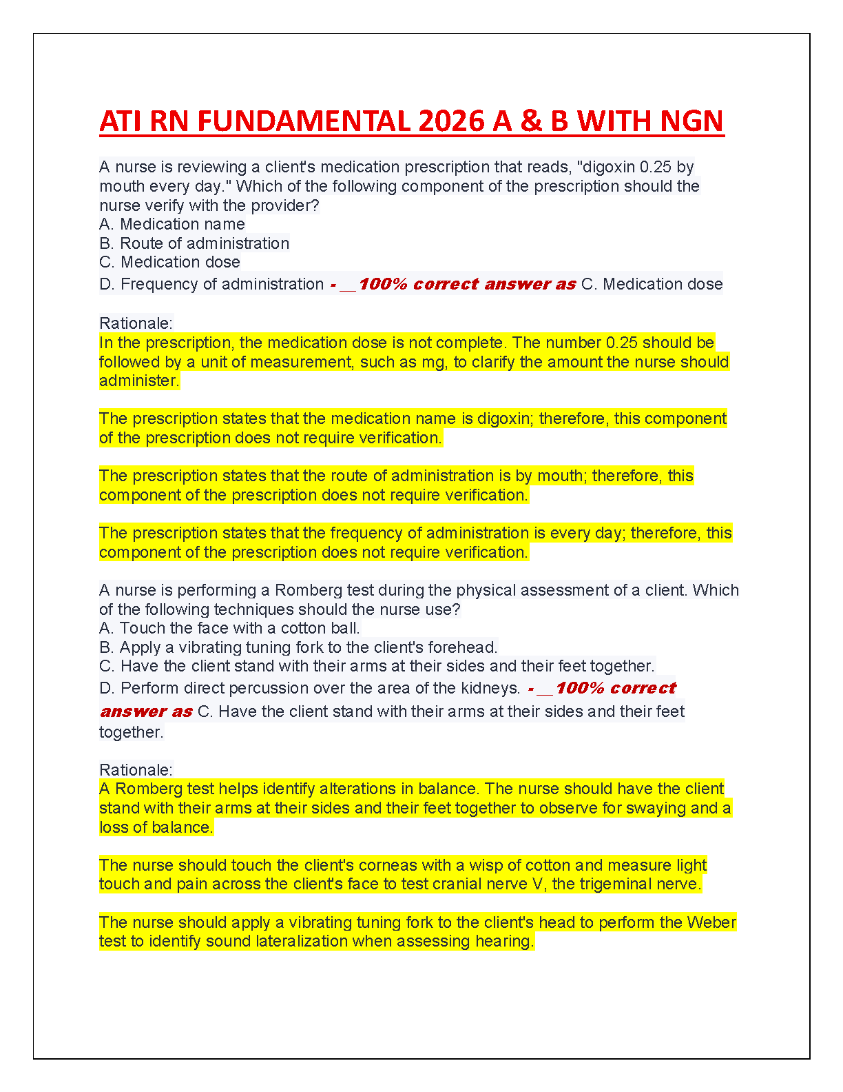 ATI RN Fundamentals 2026 NGN Test Bank with Rationales