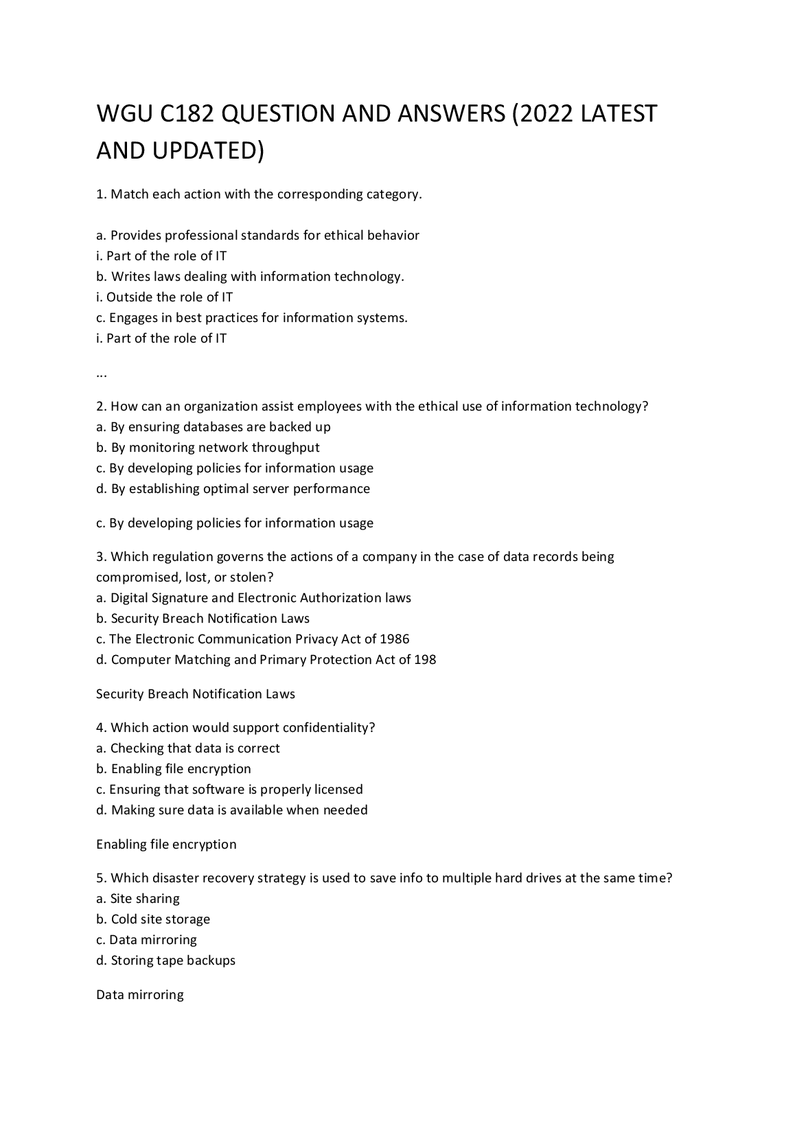 WGU C182 Question Bank with Verified Answers