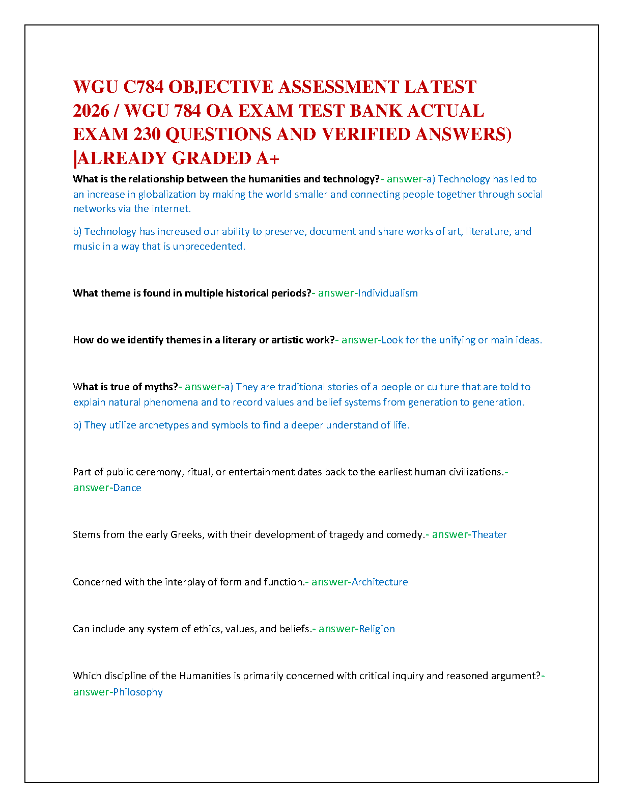 WGU C784 Humanities Test Bank 2025-26 | 230 Verified Qs & As IMG-1