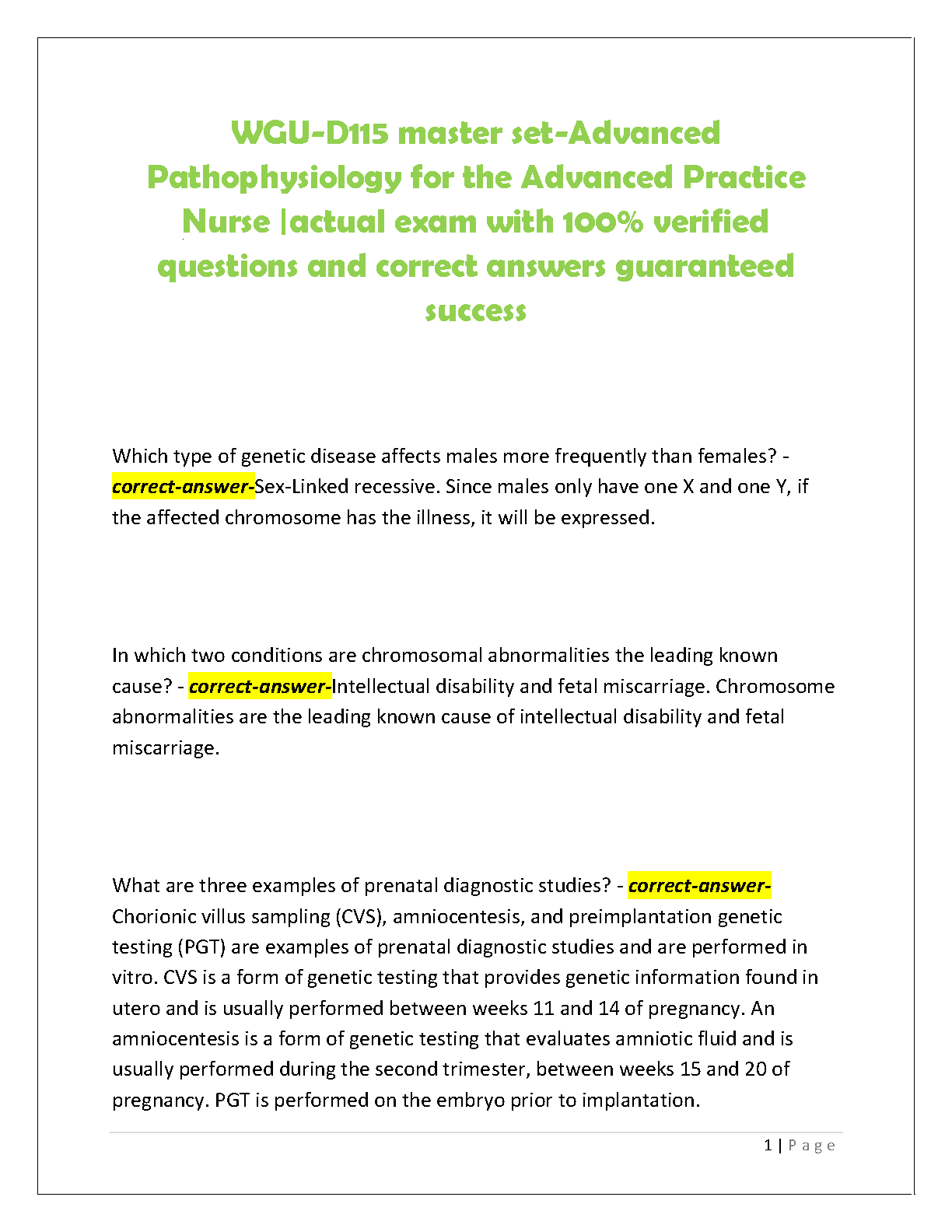 WGU D115 Pathophysiology Exam Questions and Answers