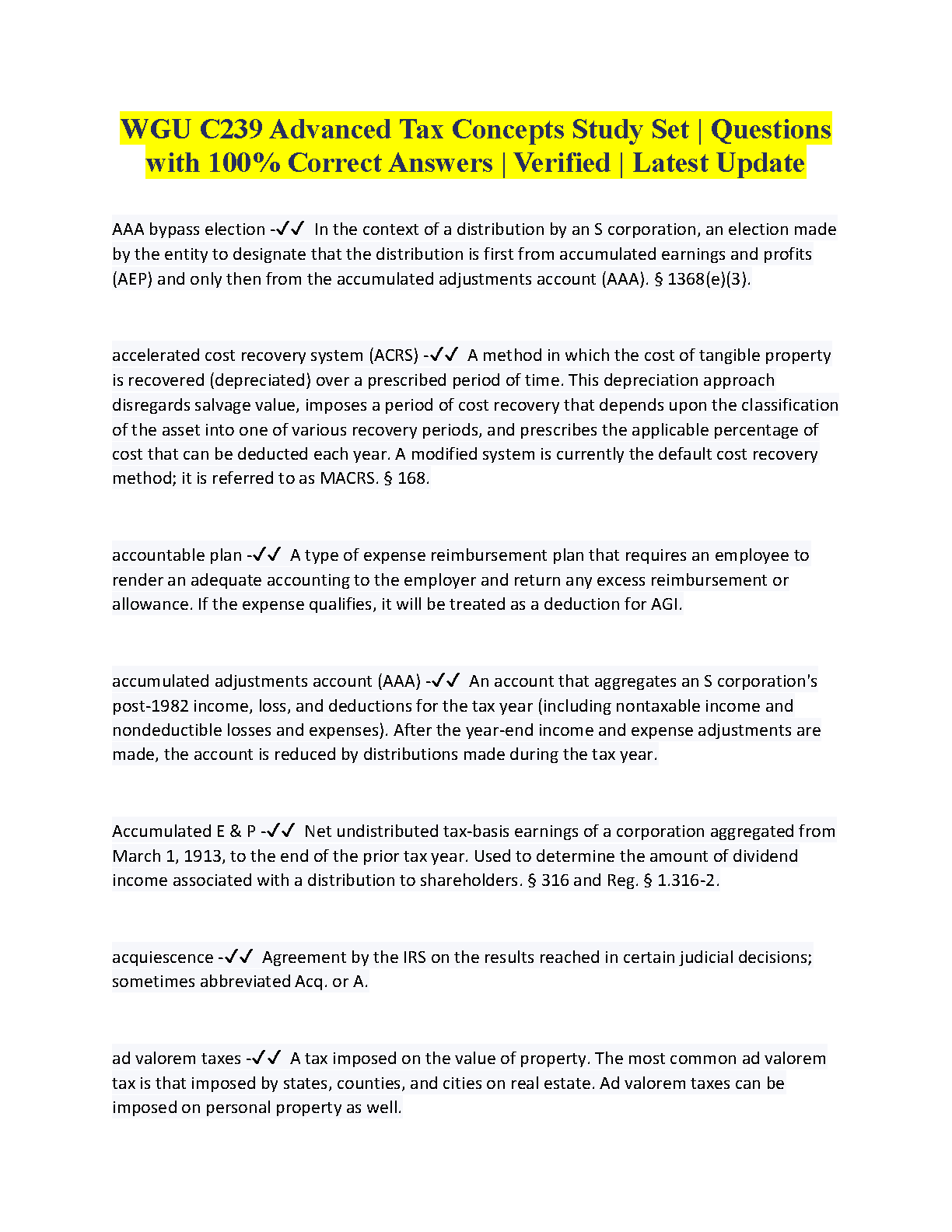 WGU C239 Advanced Tax Concepts Study Guide & Answers 2025