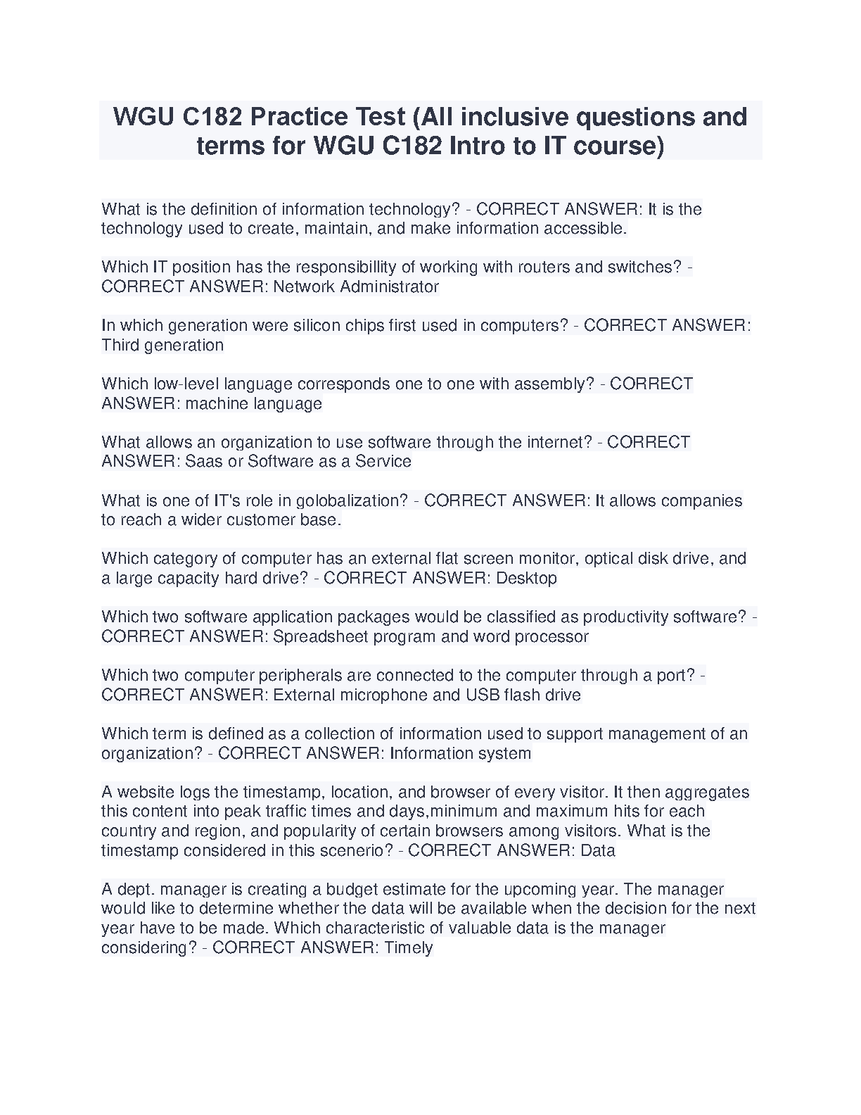 WGU C182 Intro to IT Practice Test 2024-2025 Edition
