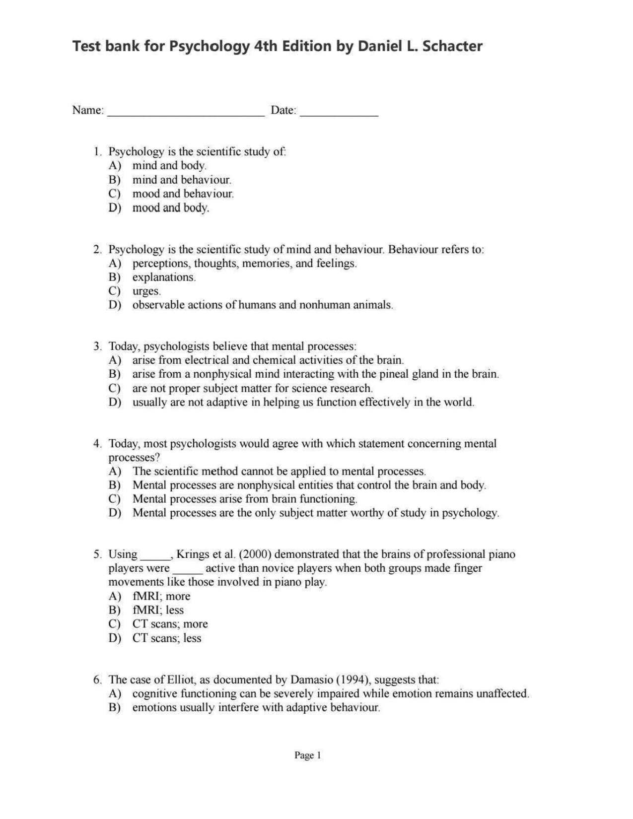 Psychology 4th Edition TEST BANK