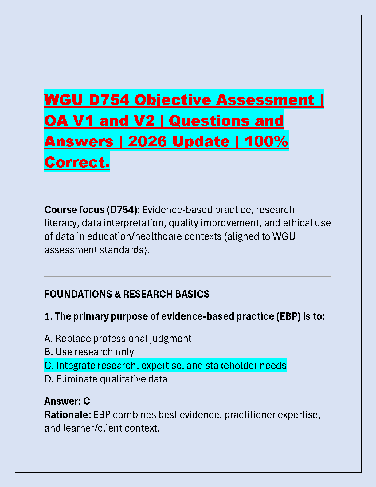WGU D754 Objective Assessment Test Bank 2026 QA Guide