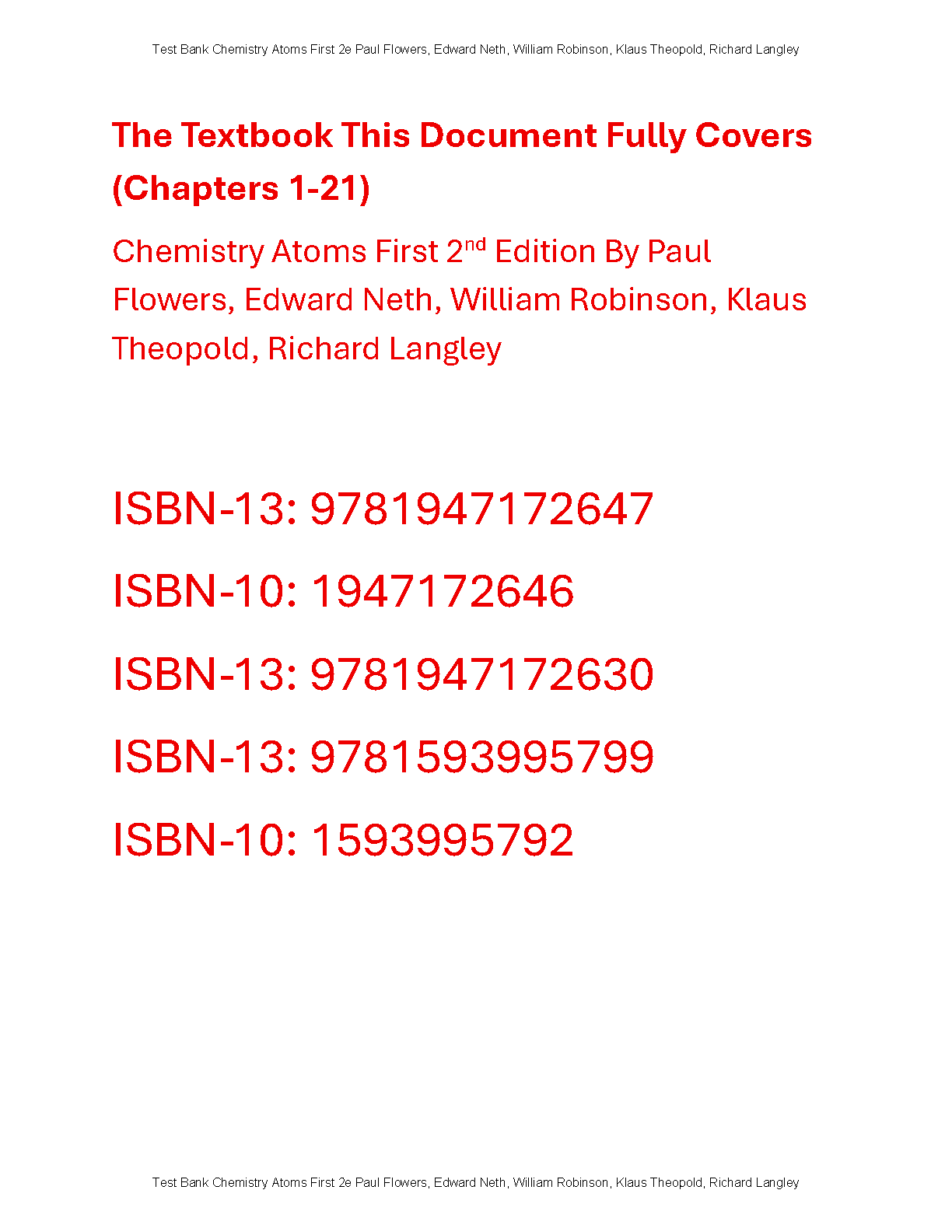 Chemistry Atoms First 2e Test Bank - All Chapters 1-21 Questions