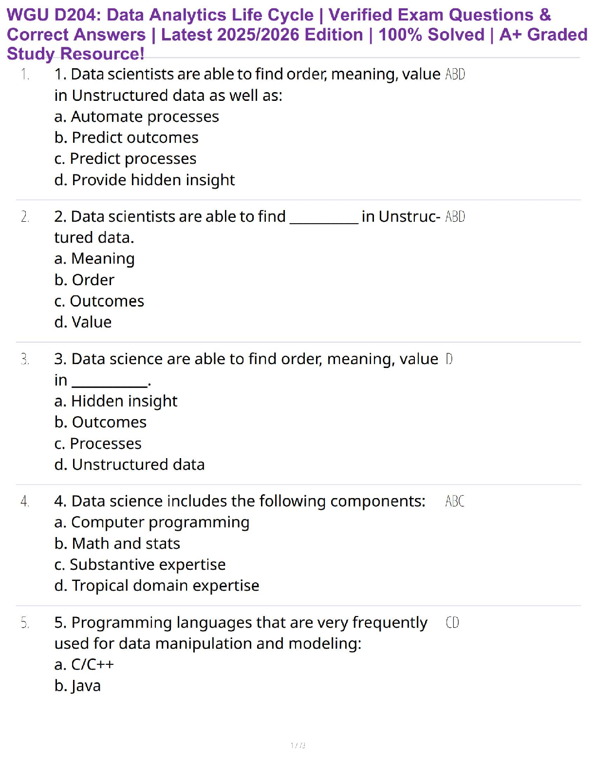 WGU D204 Data Analytics Life Cycle Exam Qs & As 2025/2026