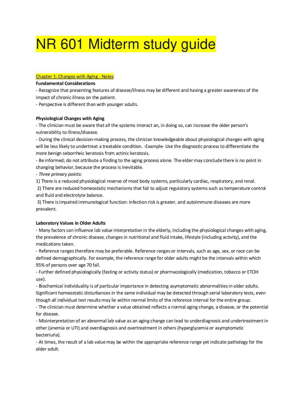 NR 601 Midterm Study Guide: Gerontological Nursing Key Concepts
