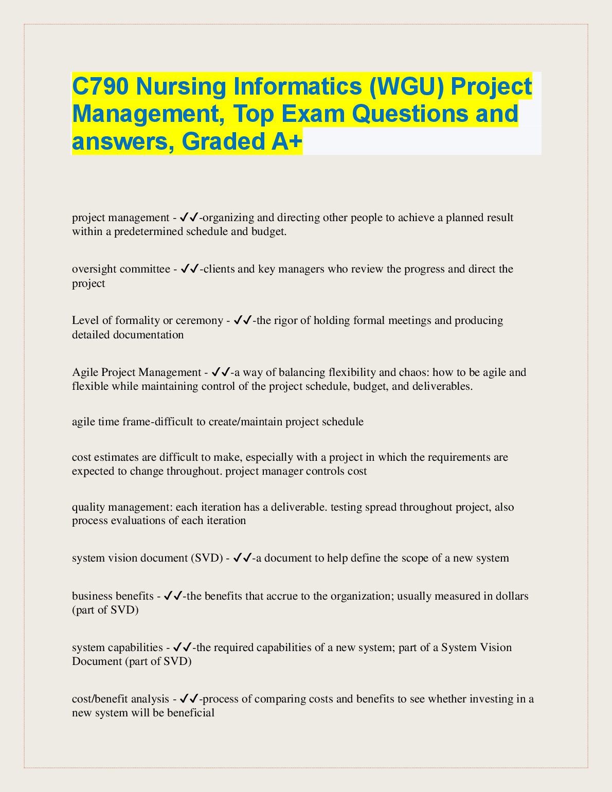 C790 Nursing Informatics Project Management Exam Q&A