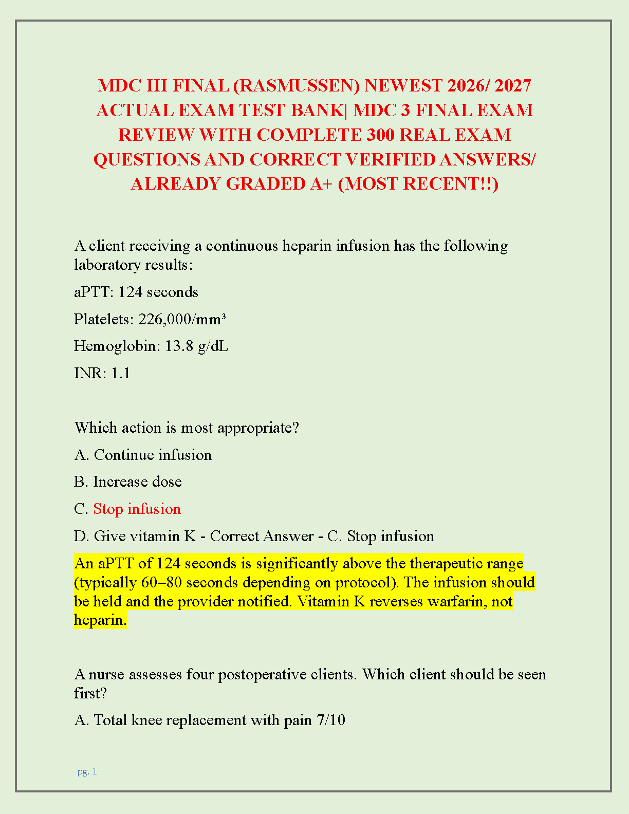 MDC III Rasmussen Nursing Final Exam Test Bank 2026/27
