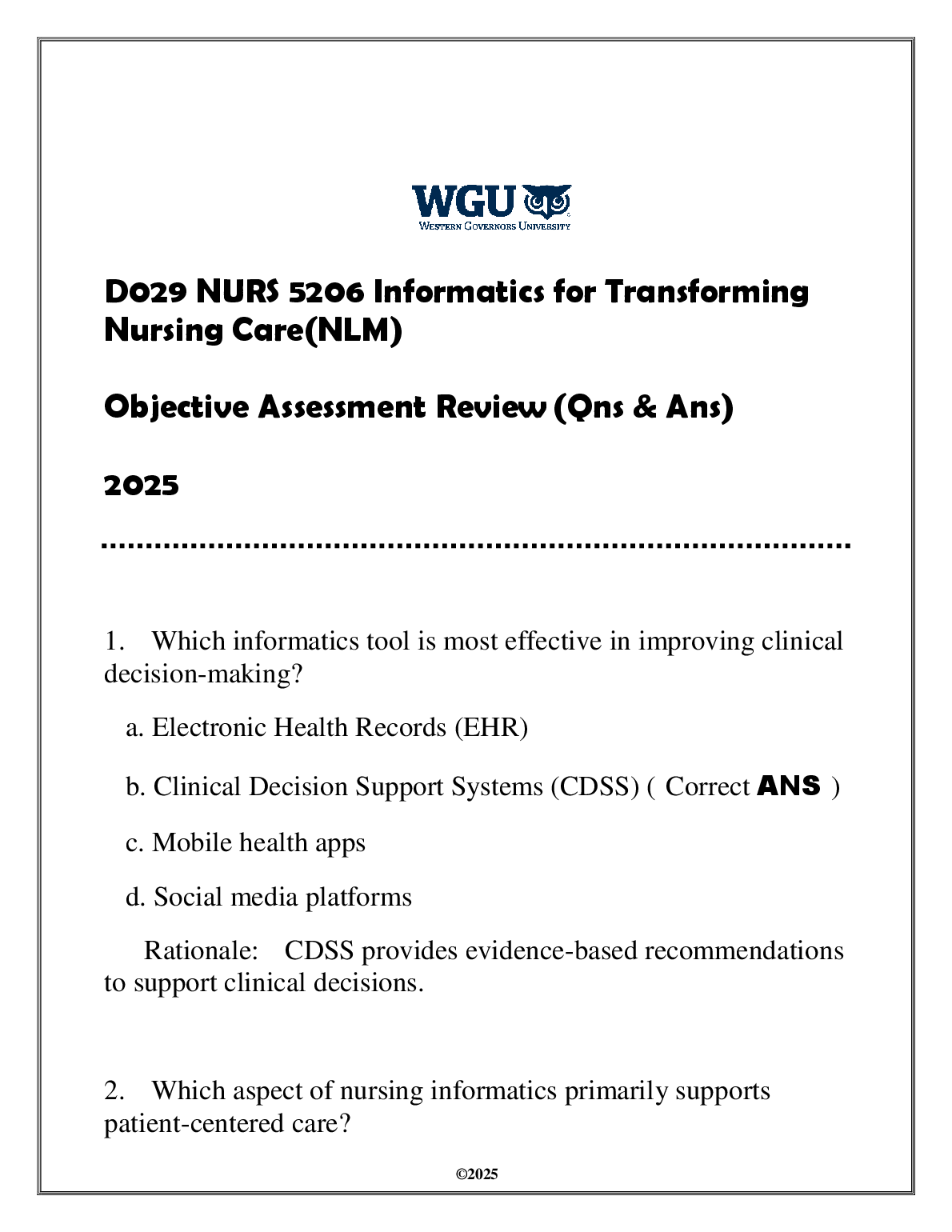 NURS 5206 Informatics Exam Q&A Review 2025 WGU