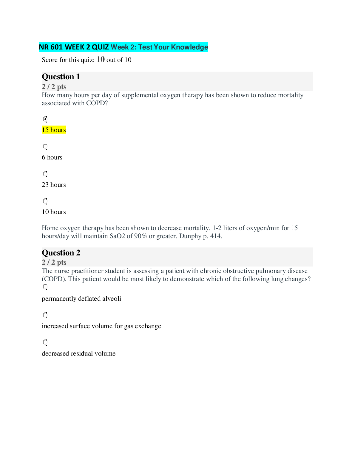 NR 601 Week 2 Quiz Answers Copd Nursing Exam