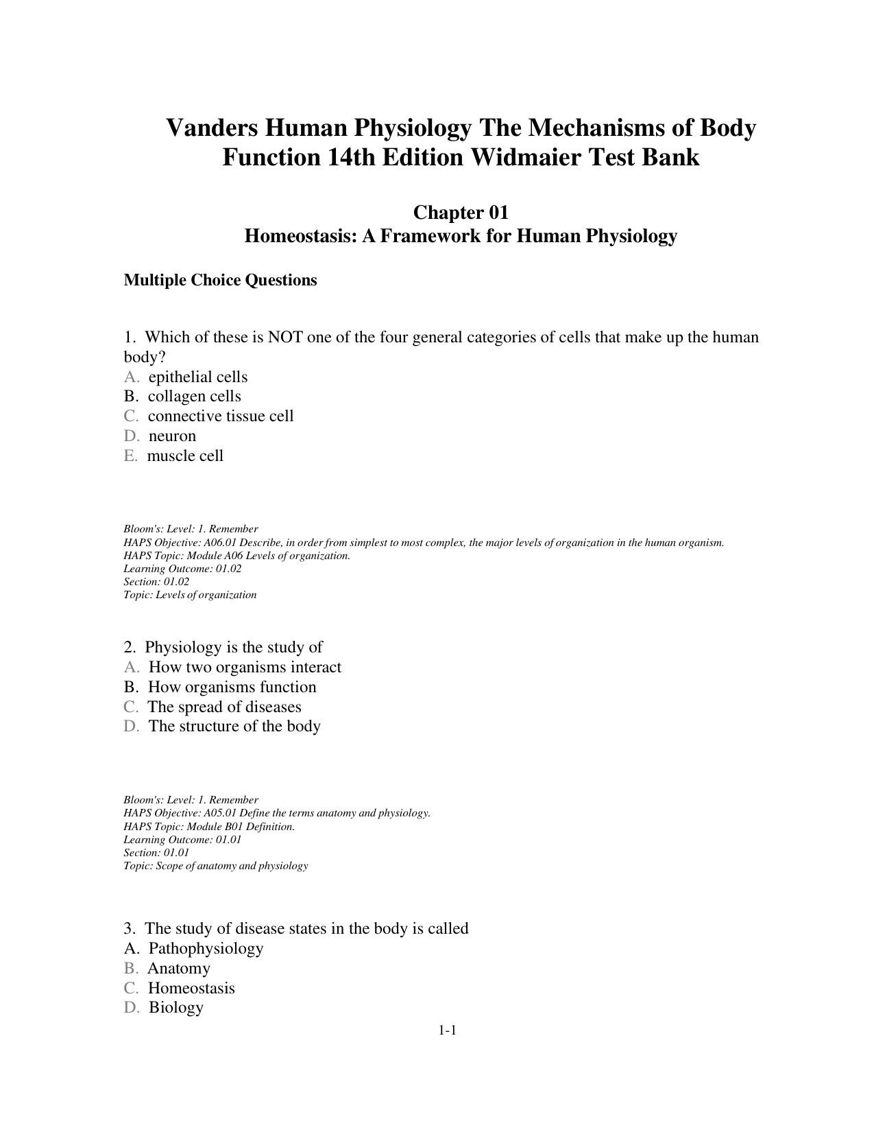 Vander's Human Physiology 14th Edition TEST BANK