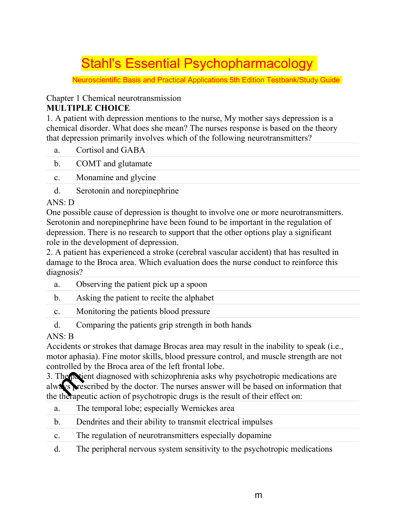Stahl's Essential Psychopharmacology 5th Edition TEST BANK