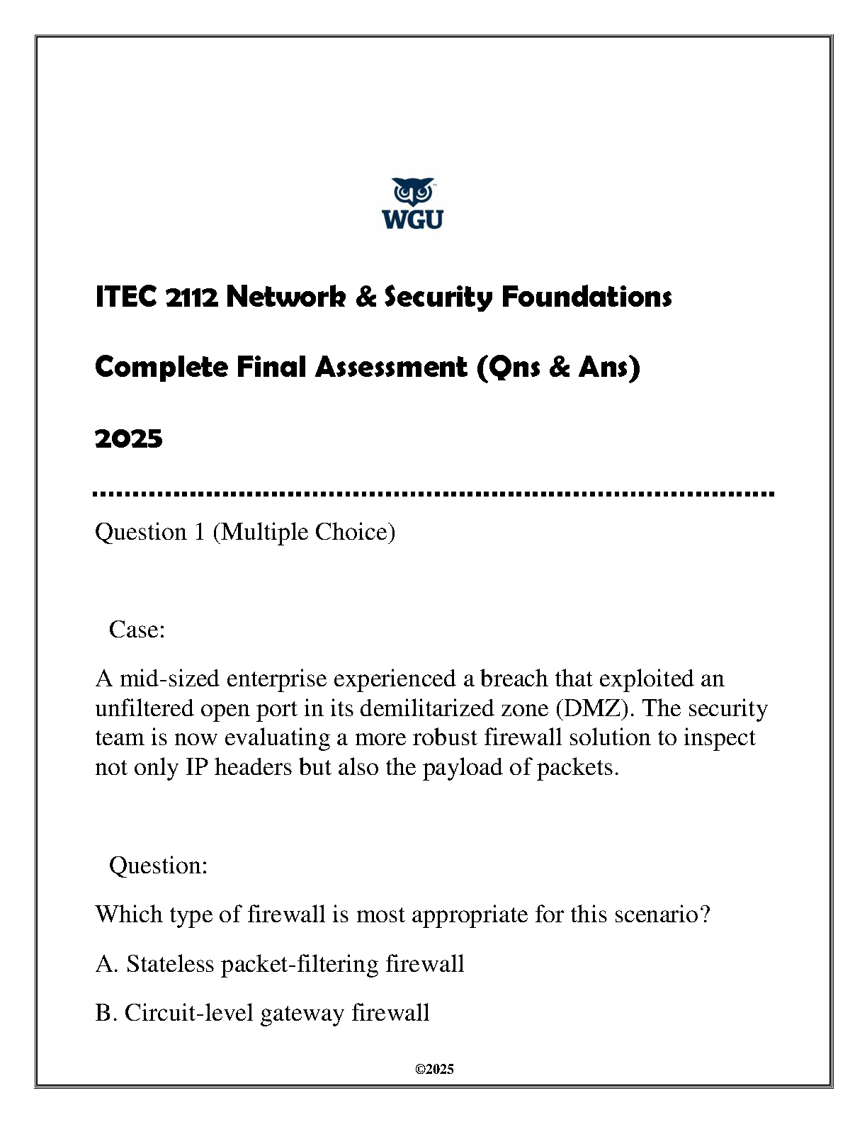 WGU ITEC 2112 Final Exam Solutions 2025 Network Security