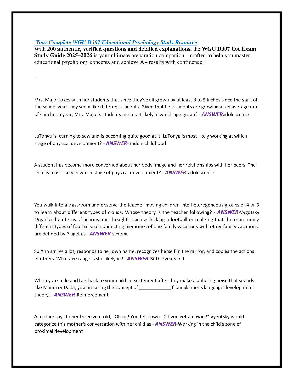 WGU D307 Educational Psychology OA Exam Study Guide 2025-2026