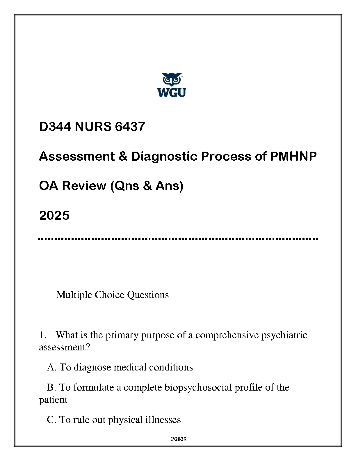 NURS 6437 PMHNP OA Review Q&A 2025 WGU Study Guide