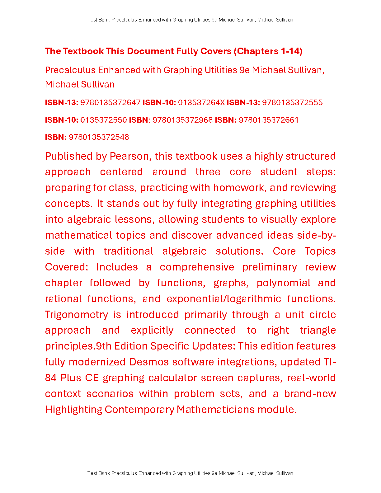 Sullivan Precalculus 9e Test Bank Complete Solutions