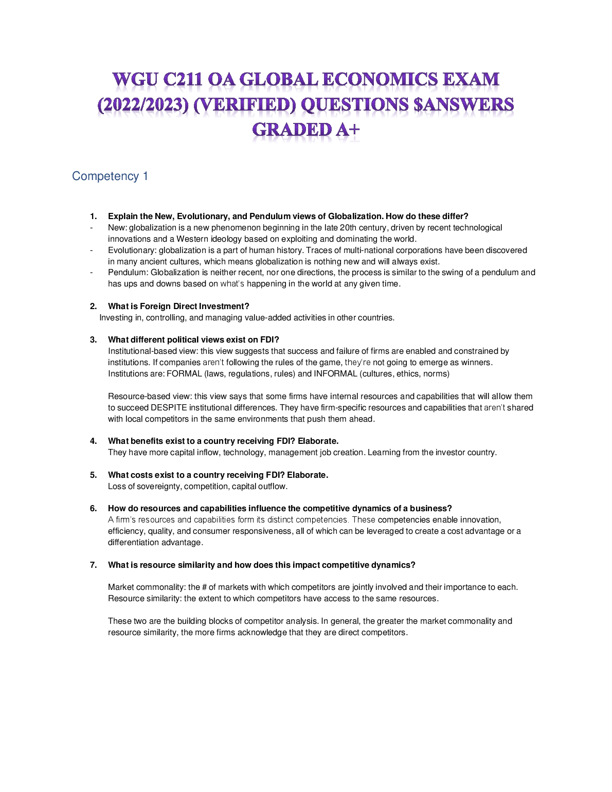 WGU C211 Global Economics Exam Questions and Answers