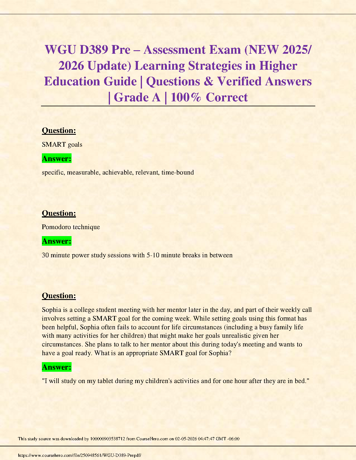 WGU D389 Learning Strategies 2025/26 Pre-Assessment Test Bank IMG-1