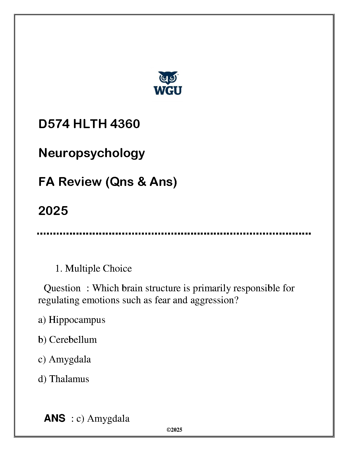 WGU Neuropsychology FA Review Q&A 2025 | Exam Prep Guide IMG-1
