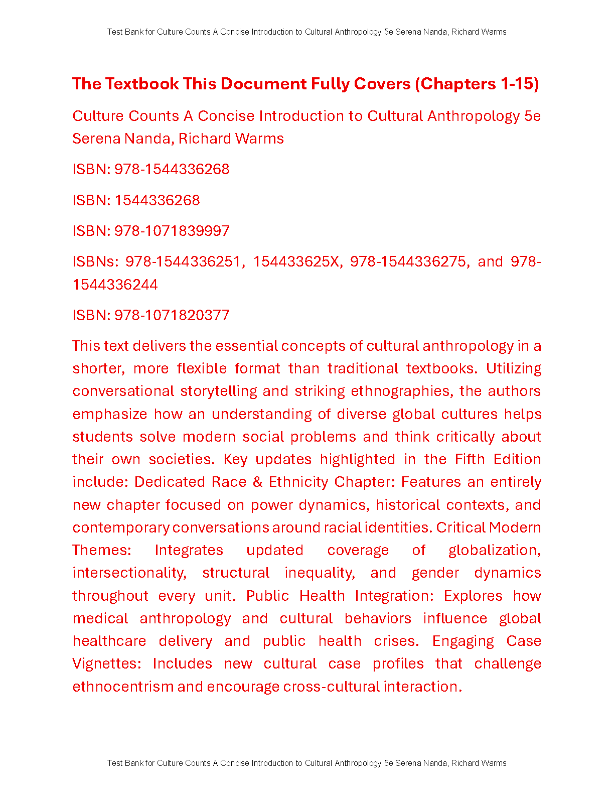 Culture Counts Test Bank Anthro 5e Nanda Warms