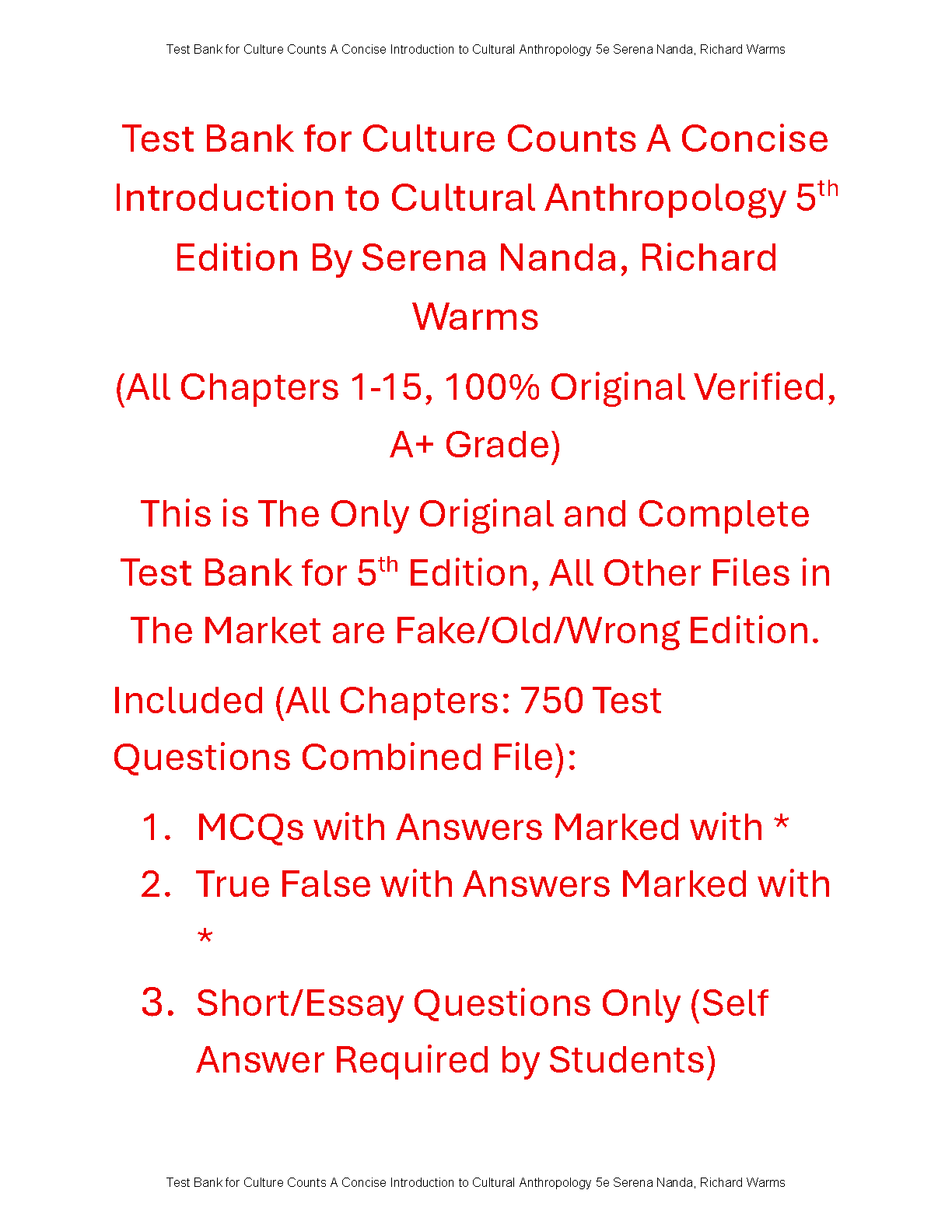 Culture Counts Test Bank Anthro 5e Nanda Warms