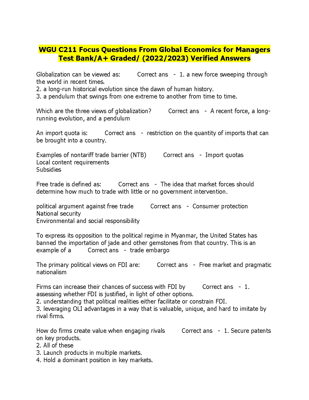 WGU C211 Global Economics Manager Test Bank Questions