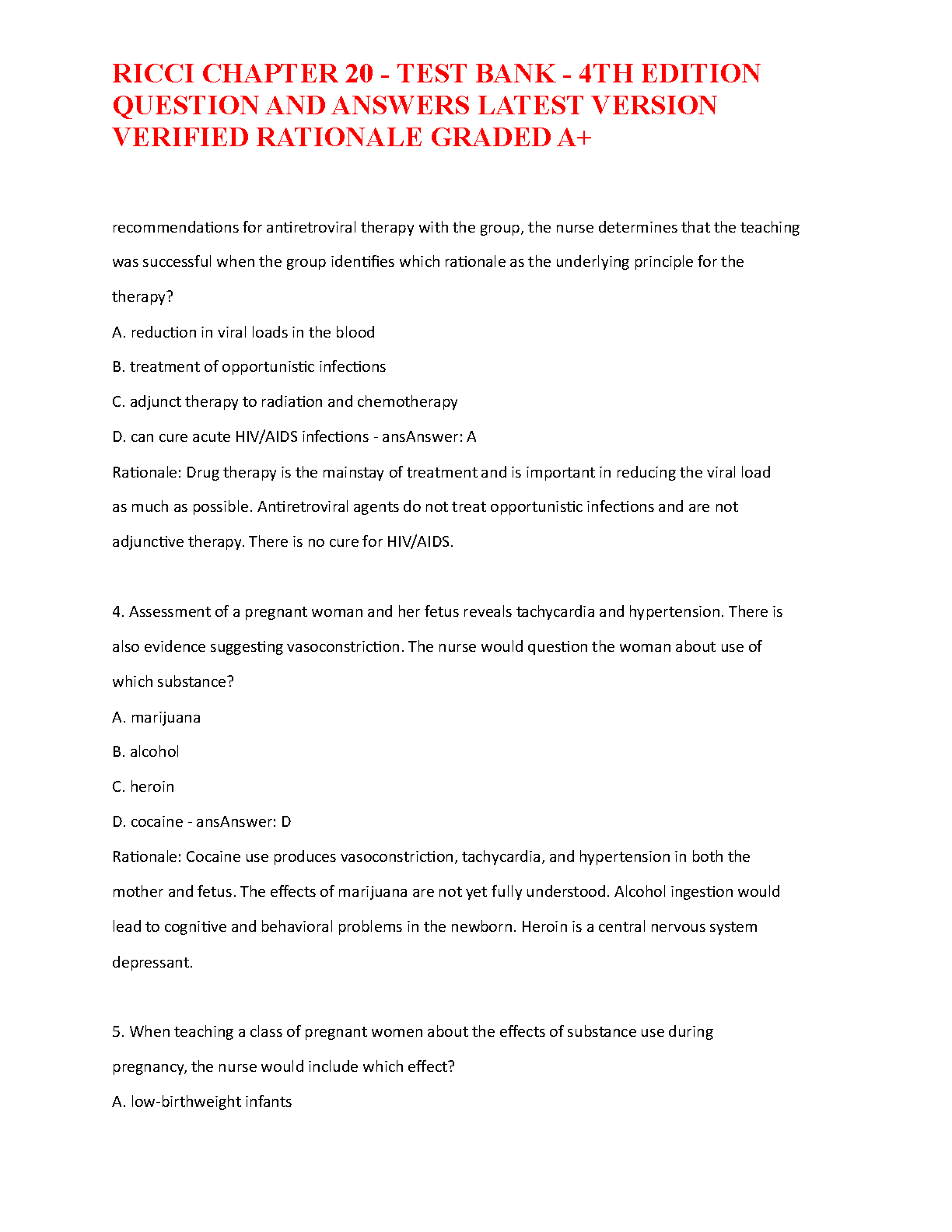 Ricci Ch 20 Test Bank Answers 4th Ed Nursing 2026/27