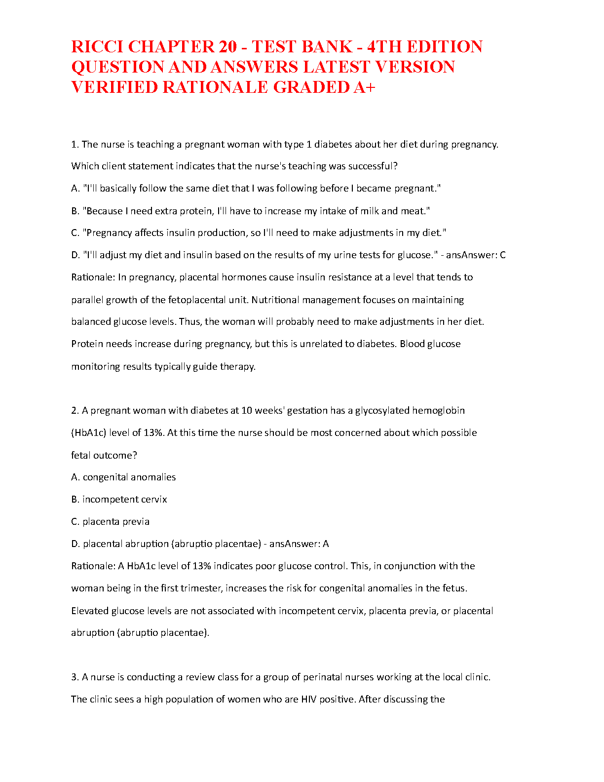 Ricci Ch 20 Test Bank Answers 4th Ed Nursing 2026/27