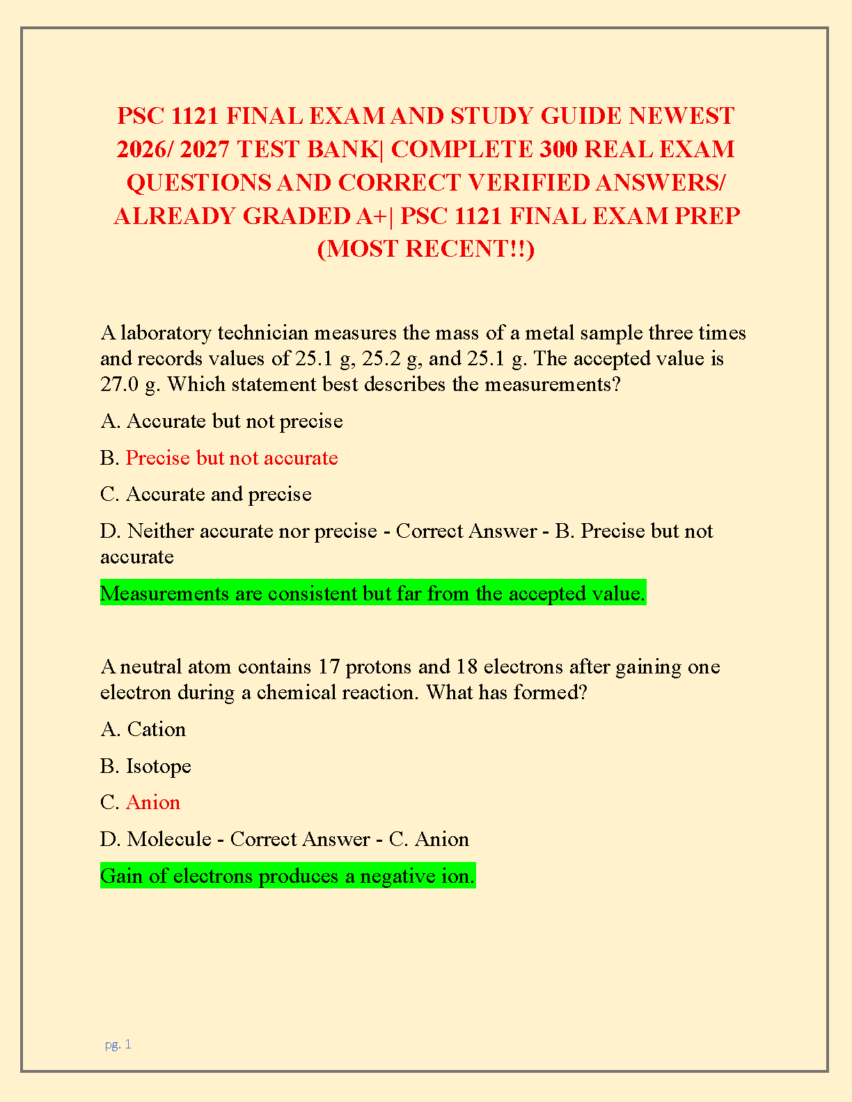 PSC 1121 Final Exam Study Guide & 300 Question Test Bank IMG-1