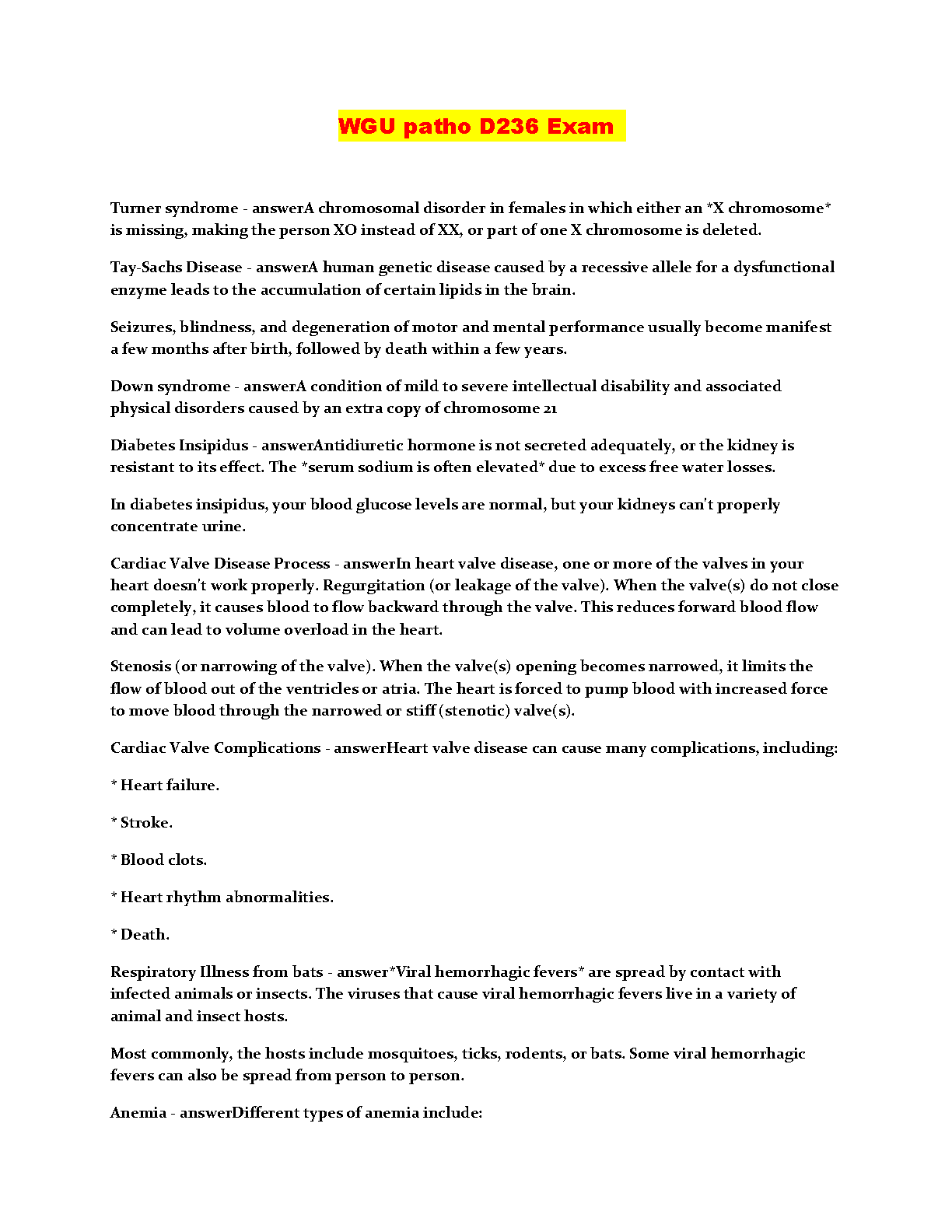 WGU Patho D236 Exam Study Guide 2024