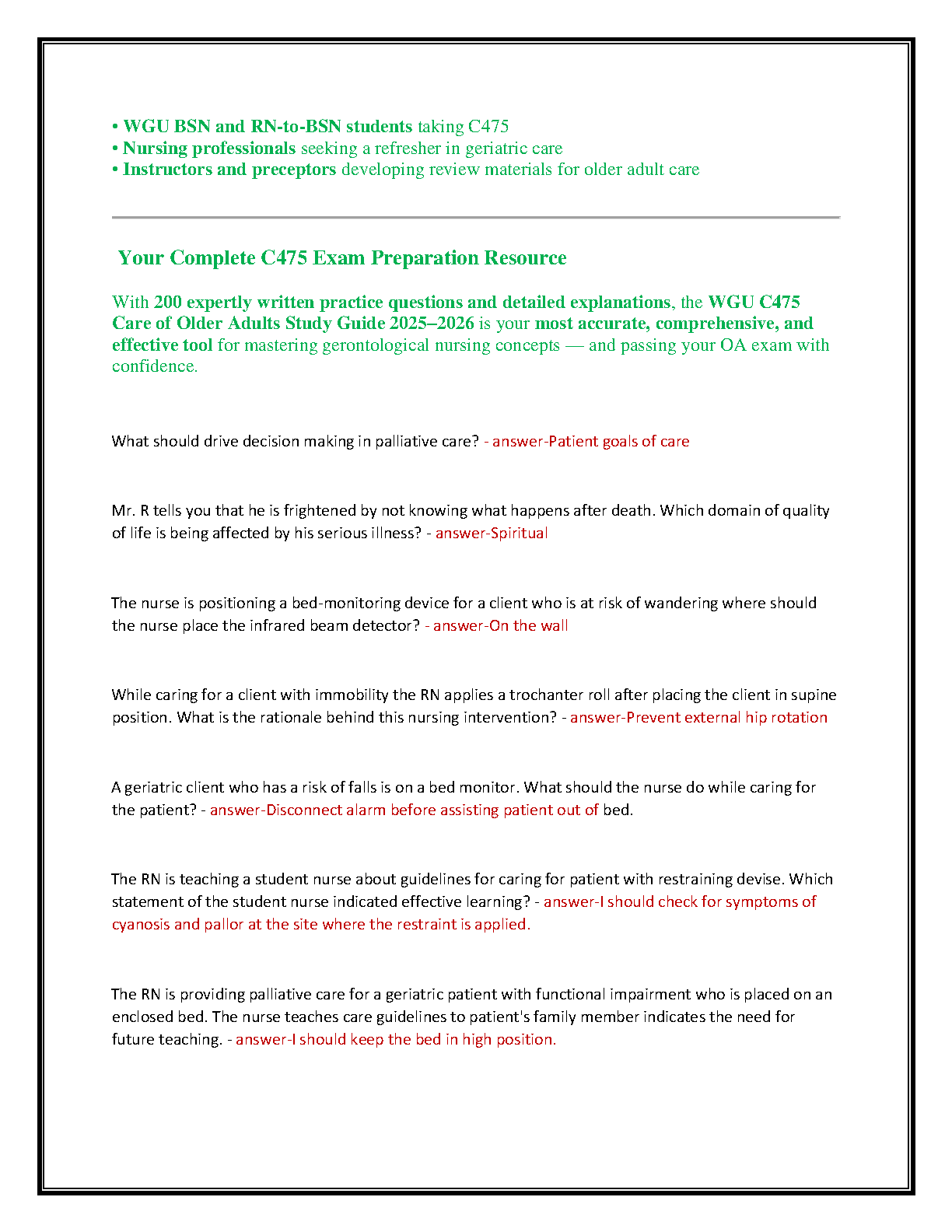 WGU C475 Care of Older Adults Test Bank 2025-2026
