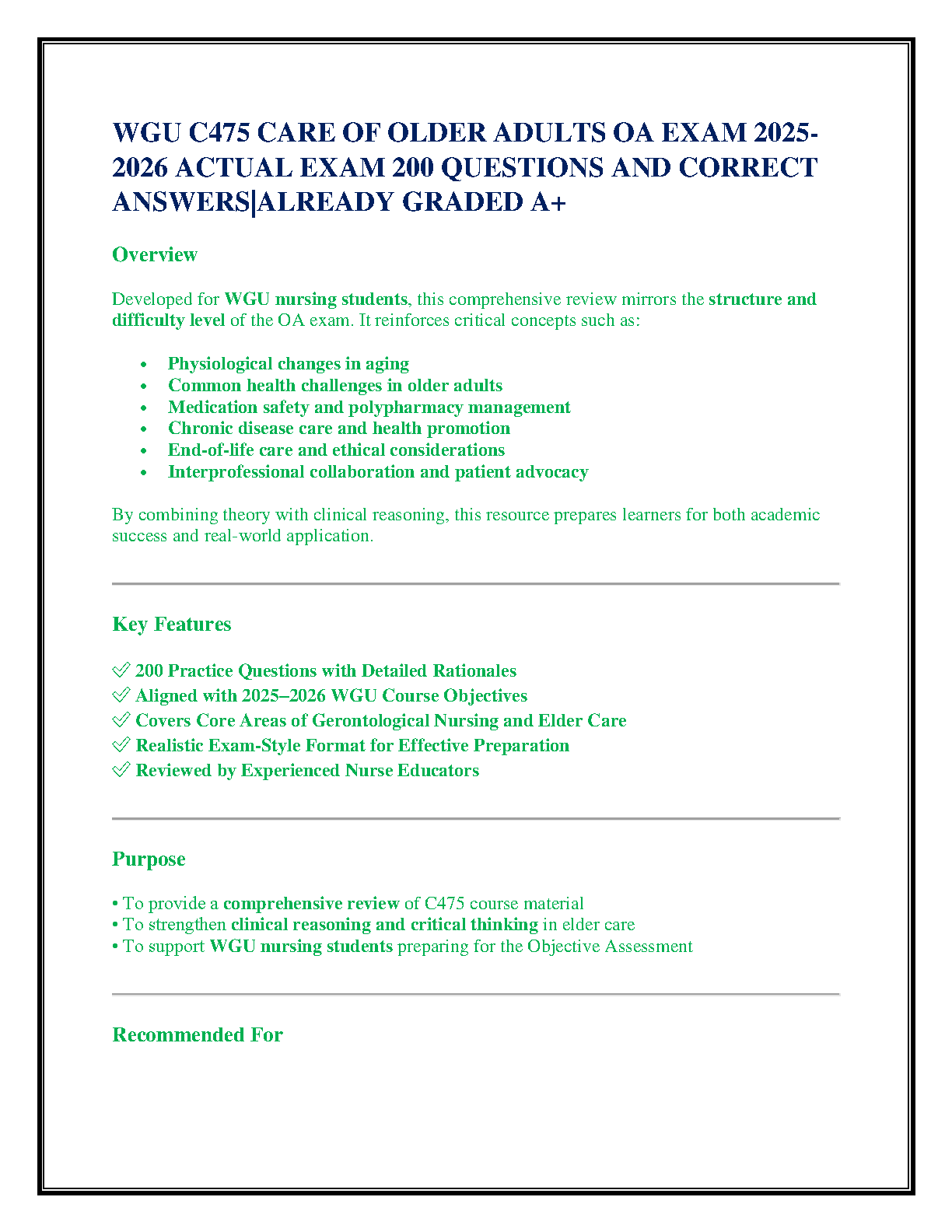 WGU C475 Care of Older Adults Test Bank 2025-2026